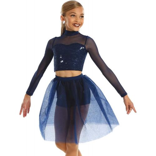  Alexandra Collection Youth Romantic Long Sleeve Sequin Mesh Dance Costume Crop Top