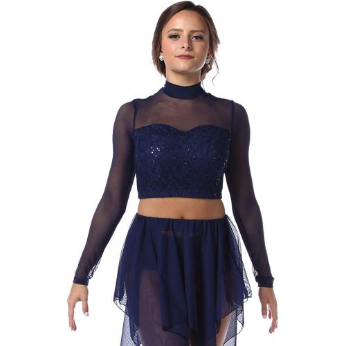  Alexandra Collection Womens Romantic Long Sleeve Sequin Mesh Dance Costume Crop Top