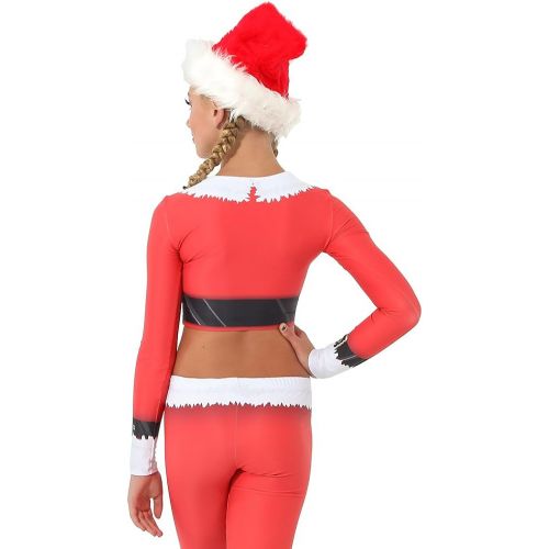  Alexandra Collection Womens Holiday Santa Printed Athletic Long Sleeve Dance Costume Crop Top