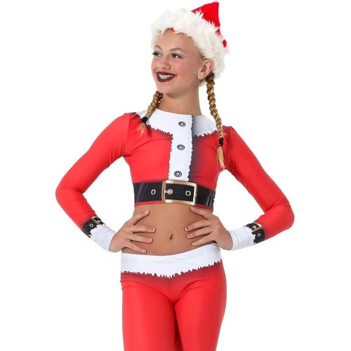  Alexandra Collection Womens Holiday Santa Printed Athletic Long Sleeve Dance Costume Crop Top