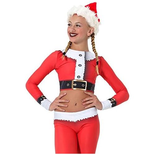  Alexandra Collection Youth Holiday Santa Printed Athletic Long Sleeve Dance Costume Crop Top