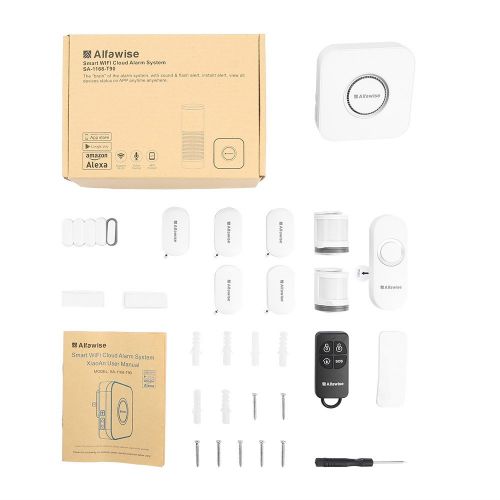  Alfawise Wireless Home Security Alarm System,2.4 G WiFi Compatible,2 in 1 PIR Motion Sensor,Main Panel,5 Modes Control Burglar Alert,1 Doorbell Button,Control by Smartphone