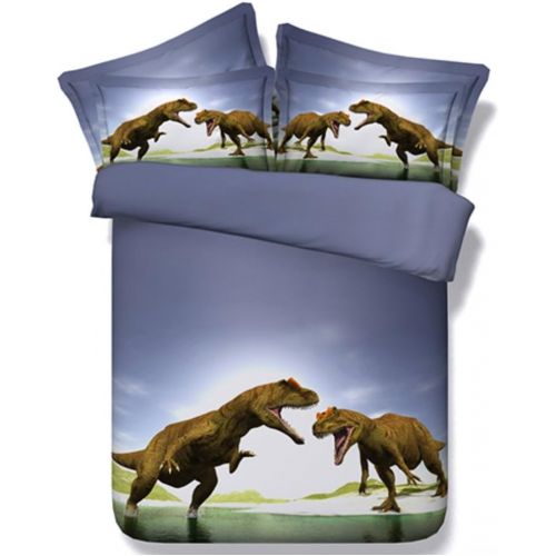  Alicemall 3D Dinosaur Bedding Powerful Dinosaur Battle Blue 5-Piece Comforter Sets Unique 3D Dinosaur Quilt Bedding for Kids and Adults, Queen Size (Queen, Blue)