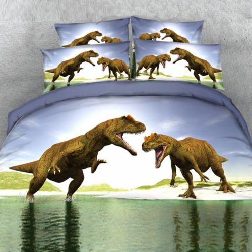  Alicemall 3D Dinosaur Bedding Powerful Dinosaur Battle Blue 5-Piece Comforter Sets Unique 3D Dinosaur Quilt Bedding for Kids and Adults, Queen Size (Queen, Blue)