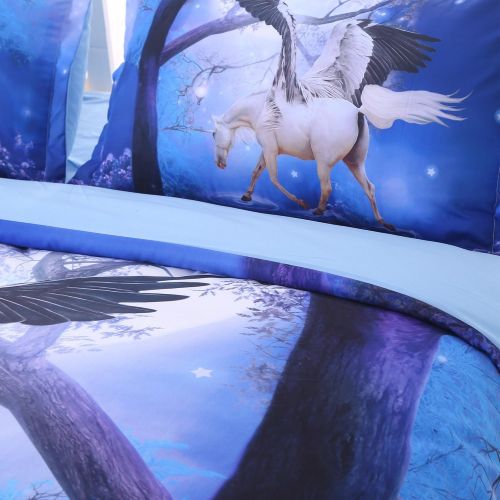  Alicemall 3D Unicorn Bedding Horse Comforter Set 3D Unicorn with Wings 5 Pieces Blue Comforter Set Digital Bedding Set, Queen Size (2 Pillowcases, Flat Sheet, Comforter, Duvet Cove