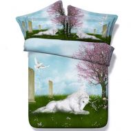 Alicemall 3D Unicorn Bedding White Horse and Grassland Scenery 5 Pieces Comforter Set, Queen Size (2 Pillowcases, Flat Sheet, Comforter, Duvet Cover) (Queen, Green)