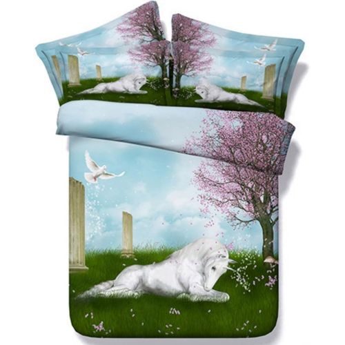  Alicemall 3D Unicorn Bedding White Horse and Grassland Scenery 5 Pieces Comforter Set, Queen Size (2 Pillowcases, Flat Sheet, Comforter, Duvet Cover) (Queen, Green)