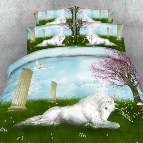  Alicemall 3D Unicorn Bedding White Horse and Grassland Scenery 5 Pieces Comforter Set, Queen Size (2 Pillowcases, Flat Sheet, Comforter, Duvet Cover) (Queen, Green)