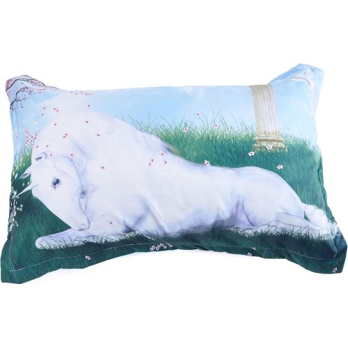  Alicemall 3D Unicorn Bedding White Horse and Grassland Scenery 5 Pieces Comforter Set, Queen Size (2 Pillowcases, Flat Sheet, Comforter, Duvet Cover) (Queen, Green)