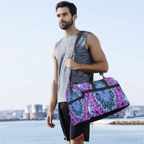  All agree Glossy Blue Purple Fractal Mandala Gym Bags for Men&Women Duffel Bag Weekender Bag with Shoe Compartment