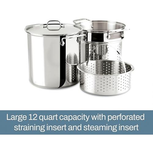  All-Clad Specialty Stainless Steel Stockpot, Multi-Pot with Strainer 3 Piece, 12 Quart Induction Oven Broiler Safe 500F Strainer, Pasta Strainer with Handle, Pots and Pans Silver