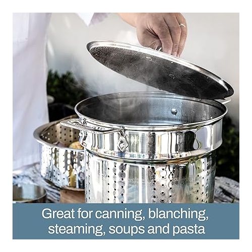  All-Clad Specialty Stainless Steel Stockpot, Multi-Pot with Strainer 3 Piece, 12 Quart Induction Oven Broiler Safe 500F Strainer, Pasta Strainer with Handle, Pots and Pans Silver