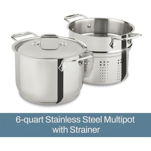  All-Clad Specialty Stainless Steel Stockpot, Multi-Pot with Strainer 3 Piece, 6 Quart Induction Oven Broiler Safe 500F Strainer, Pasta Strainer with Handle, Pots and Pans Silver