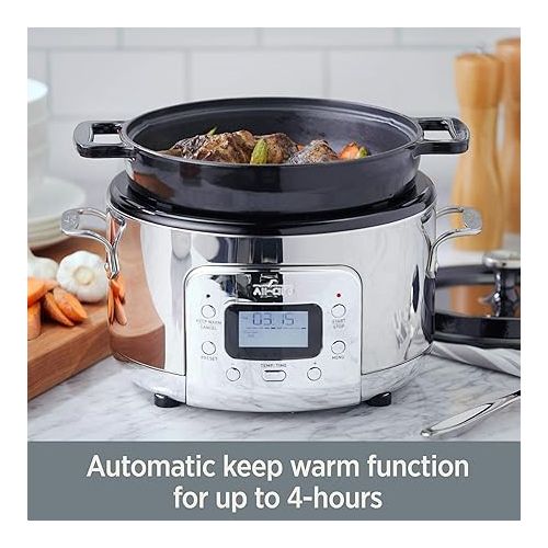  All-Clad 5 Quart 7-in-1 Electric Slow Cooker with Stainless Steel and Cast Iron, 1200W - Black Enamel Crock