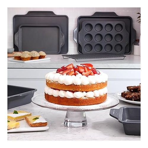  All-Clad Pro-Release Nonstick Bakeware Set 10 Piece Oven Safe 450F Half Sheet, Cookie Sheet, Muffin Pan, Cooling & Baking Rack, Round Cake Pan, Loaf Pan, Baking Pan Grey