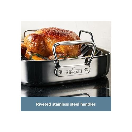  All-Clad Specialty Stainless Steel Roaster and Nonstick Rack 16x13x5 Inch Oven Broiler Safe 600F Roaster Pan, Pots and Pans, Bakeware, Turkey, Silver