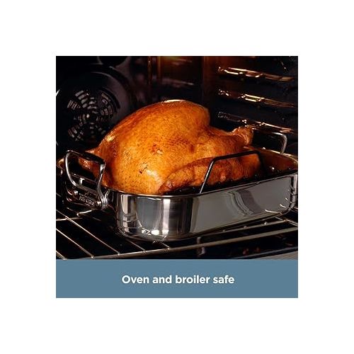  All-Clad Specialty Stainless Steel Roaster and Nonstick Rack 16x13x5 Inch Oven Broiler Safe 600F Roaster Pan, Pots and Pans, Bakeware, Turkey, Silver