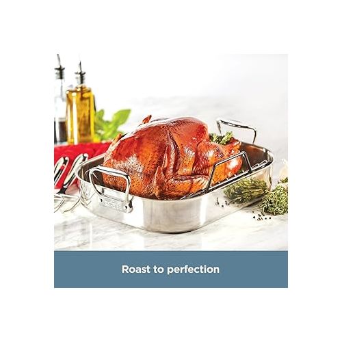  All-Clad Specialty Stainless Steel Roaster and Nonstick Rack 16x13x5 Inch Oven Broiler Safe 600F Roaster Pan, Pots and Pans, Bakeware, Turkey, Silver