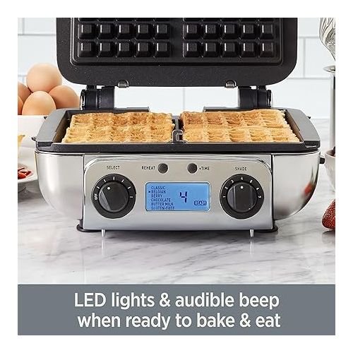  All-Clad Electric Stainless Steel Waffle Maker 4 slice, Digital screen and audible beep alert 7 Browning Levels, Square, Belgium Waffle, Removable Plates, Dishwasher Safe Silver