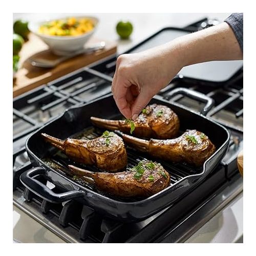  All-Clad Cast Iron Enameled Square Grill with Acacia Trivet 11 Inch Induction Oven Broiler Safe 650F Pots and Pans, Cookware Black