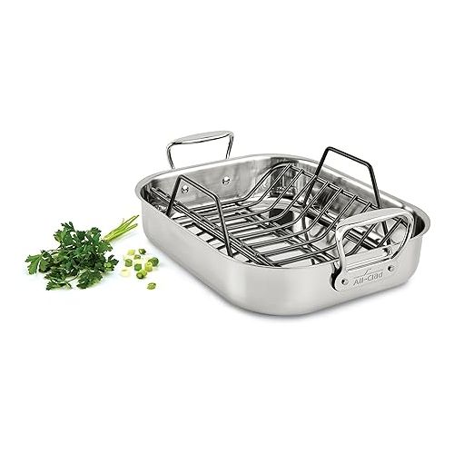  All-Clad Specialty Stainless Steel Roaster with Nonstick Rack 11x14 Inch Oven Broiler Safe 500F Roaster Pan, Pots and Pans, Cookware Silver