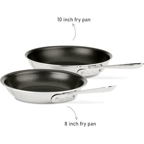  All-Clad D3 3-Ply Stainless Steel Nonstick Fry Pan Set 2 Piece, 8, 10 Inch Induction Oven Broiler Safe 500F Pots and Pans, Cookware Silver