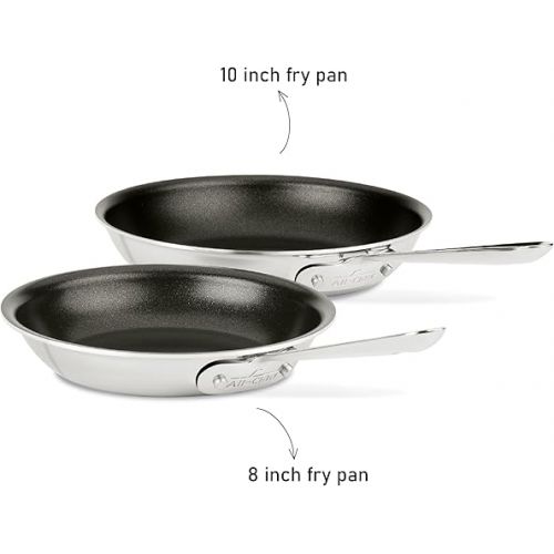  All-Clad D3 3-Ply Stainless Steel Nonstick Fry Pan Set 2 Piece, 8, 10 Inch Induction Oven Broiler Safe 500F Pots and Pans, Cookware Silver