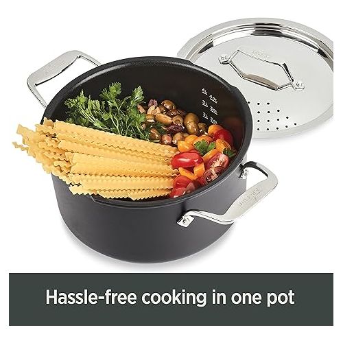  All-Clad HA1 Hard Anodized Nonstick Stockpot, Multi-Pot with Strainer 6 Quart Oven Broiler Safe 500F Strainer, Pasta Strainer with Handle, Pots and Pans Black