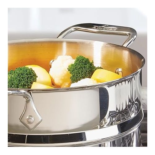  All-Clad Specialty Stainless Steel Stockpot, Multi-Pot with Strainer 3 Piece, 5 Quart Induction Oven Broiler Safe 600F Strainer, Pasta Strainer with Handle, Pots and Pans Silver