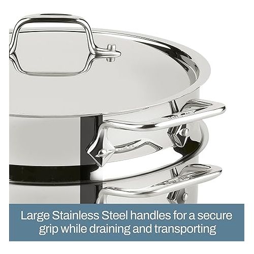  All-Clad Specialty Stainless Steel Stockpot, Multi-Pot with Strainer 3 Piece, 5 Quart Induction Oven Broiler Safe 600F Strainer, Pasta Strainer with Handle, Pots and Pans Silver