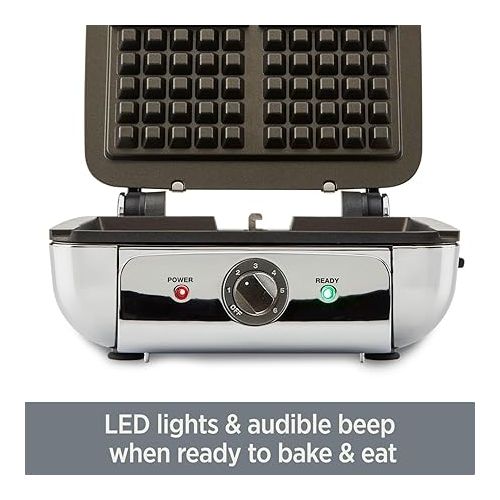  All-Clad Electrics Stainless Steel Waffle Maker 4 Section Nonstick, Upright Storage 1600 Watts 6 Browning Levels, Square, Belgium Waffle, Removable Plates, Dishwasher Safe