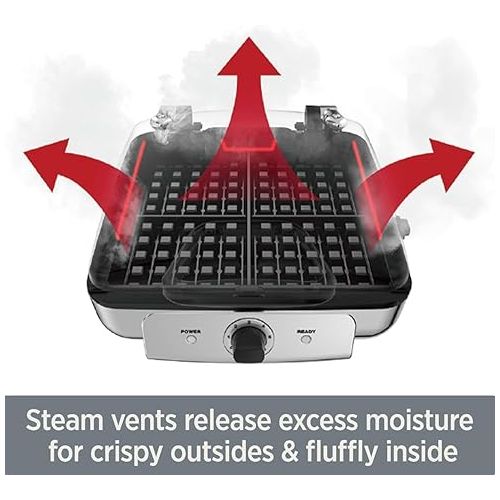  All-Clad Electrics Stainless Steel Waffle Maker 4 Section Nonstick, Upright Storage 1600 Watts 6 Browning Levels, Square, Belgium Waffle, Removable Plates, Dishwasher Safe