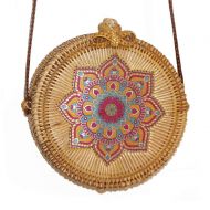 AllBombuu Printing Round Rattan Crossbody Bag,Straw Boho Bag for Women Purse Handmade Clutch Woven Shoulder Bag
