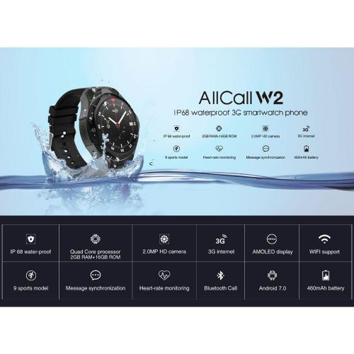  AllCall W2 Smartwatch(2018 Upgrated), IP68 Waterproof 3G Smartwatch Phone 2GB RAM 16GB ROM 2.0MP Camera GPS Sports Fitness Tracker 460mAh Battery WIFI Support
