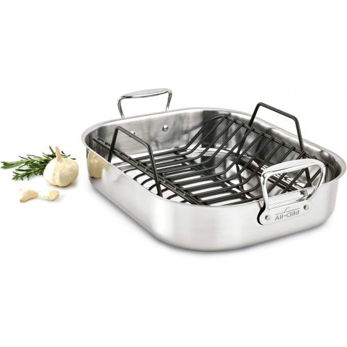  All-Clad E752C264 Stainless Steel Dishwasher Safe Large 13-Inch x 16-Inch Roaster with Nonstick Rack Cookware, 16-Inch, Silver