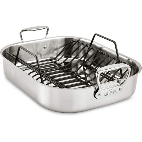  All-Clad E752C264 Stainless Steel Dishwasher Safe Large 13-Inch x 16-Inch Roaster with Nonstick Rack Cookware, 16-Inch, Silver