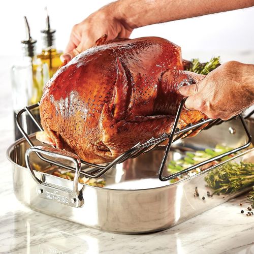  All-Clad E752C264 Stainless Steel Dishwasher Safe Large 13-Inch x 16-Inch Roaster with Nonstick Rack Cookware, 16-Inch, Silver