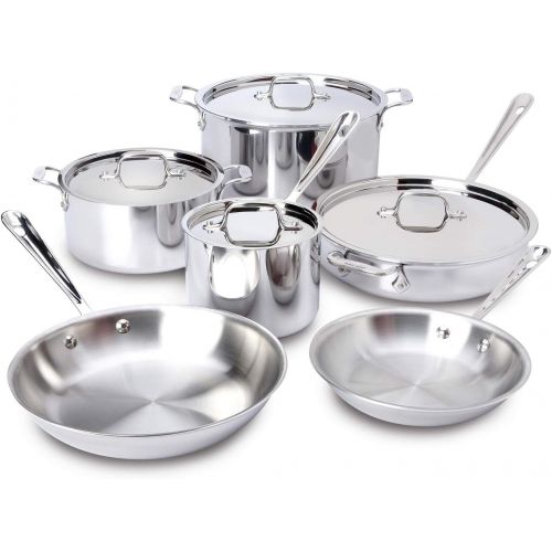  All-Clad 401877R Stainless Steel 3-Ply Bonded Dishwasher Safe Cookware Set, 10-Piece, Silver - 8400000960