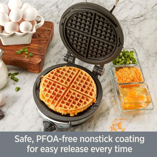  All-Clad WD700162 Stainless Steel Classic Round Waffle Maker with 7 Browning Settings, 4-Section, Silver