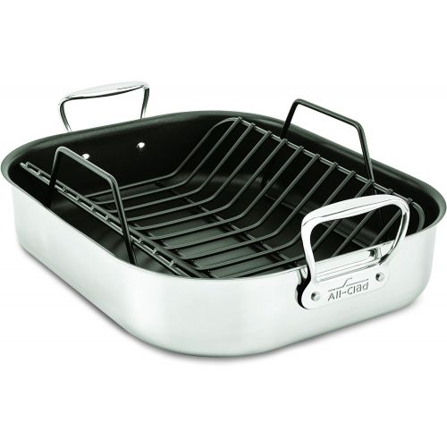  All-Clad E752C264 Stainless Steel Dishwasher Safe Large 13-Inch x 16-Inch Roaster with Nonstick Rack Cookware, 16-Inch, Silver