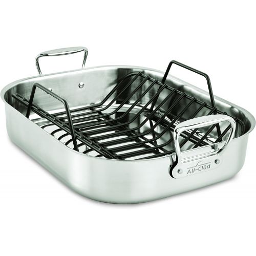  All-Clad E752C264 Stainless Steel Dishwasher Safe Large 13-Inch x 16-Inch Roaster with Nonstick Rack Cookware, 16-Inch, Silver