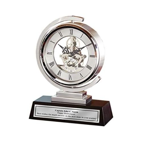  AllGiftFrames Gear Da Vinci Metal Silver Desk Clock Which Rotates 360 Degrees with Silver Engraving Plate. Unique Engineering, Anniversary, Retirement and Appreciation Award