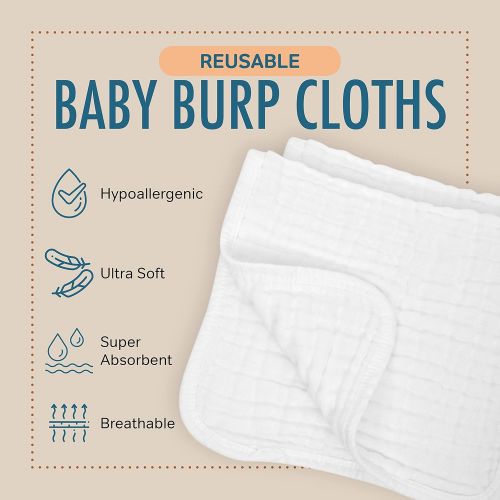  [아마존베스트]AllSett Baby 6 Pack Muslin Burp Cloths Large 20 by 10 100% Cotton, Hand Wash Cloth 6 Layers Extra Absorbent...