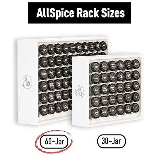 AllSpice Wood Spice Rack, Countertop or Wall Mount, Includes 60 4oz Jars- Matte White