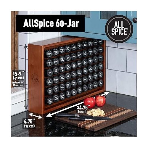  AllSpice Wood Spice Rack, Countertop or Wall Mount, Includes 60 4oz Jars- Matte White