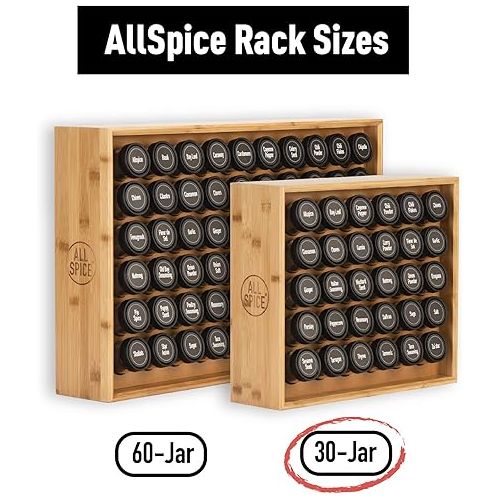  AllSpice Wood Spice Rack, Countertop or Wall Mount, Includes 30 4oz Jars- Bamboo