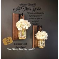 /AllThatsRustic Rustic Home Decor, Home & Living, Set of 2 Hanging Mason Jar Sconces with Hydrangeas, Mason Jar Decor, Timer Lights, Mason Jar Sconces