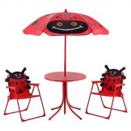 Allblessings Kid Patio Table With 2 Folding Chairs Set W/ Beetle Umbrella Outdoor Garden Yard