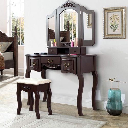  Allblessings Brown 5 Drawers Tri-Folding Vintage Vanity Makeup Dressing Table Set Christmas