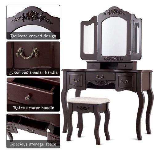  Allblessings Brown 5 Drawers Tri-Folding Vintage Vanity Makeup Dressing Table Set Christmas